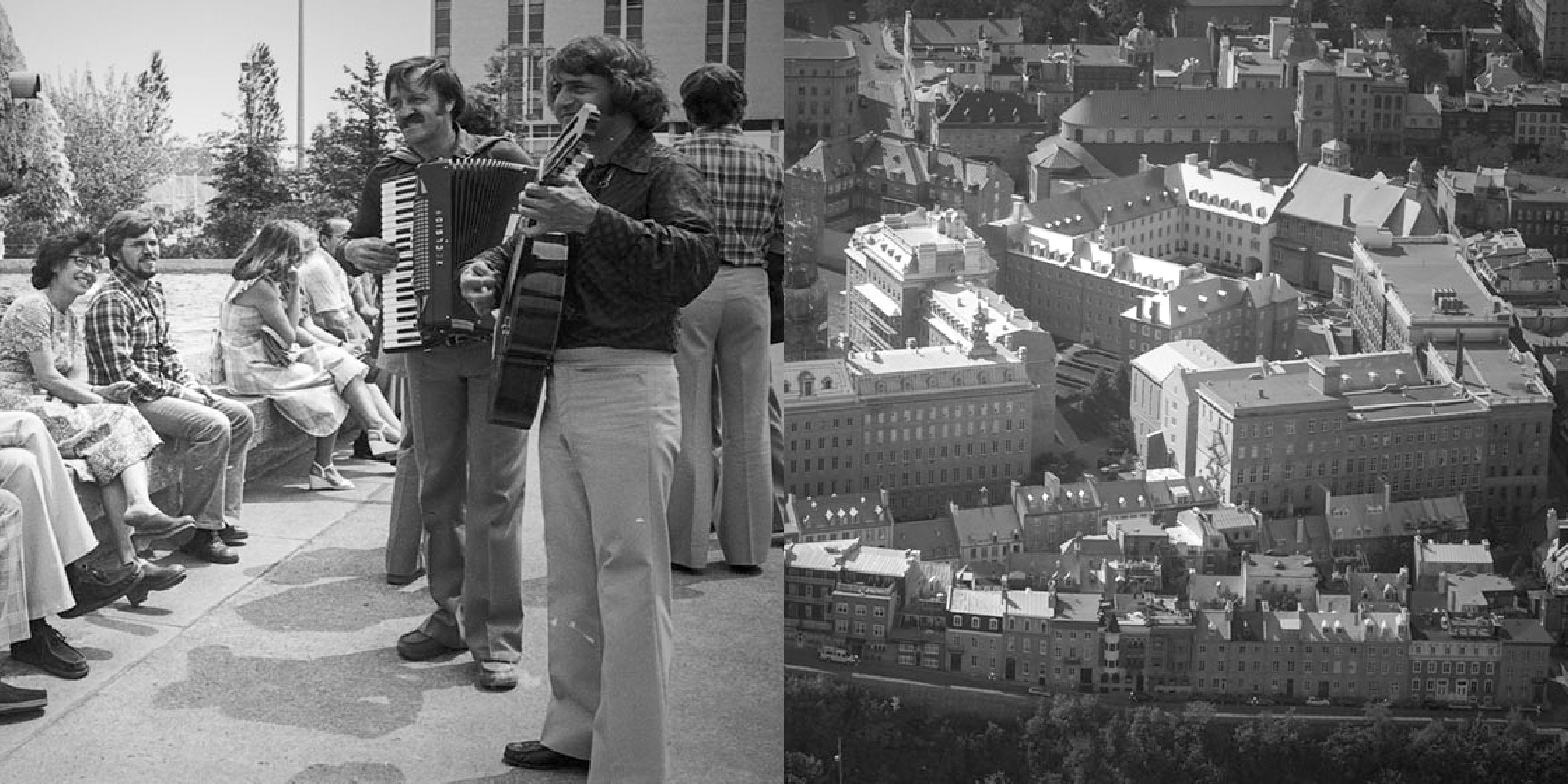 Black and white photos of musicians in the street and aerial view of the François-de-Laval building